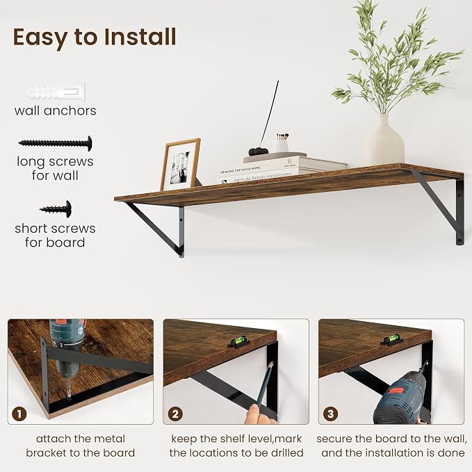 Fun Memories Deep Floating Shelves for Wall, 36W x 8D Wall Mounted Shelves Set of 2, Wide Display Ledge Shelf with Sturdy Metal Brackets for Living Room, Bathroom, Bedroom and Kitchen, Rustic Brown
