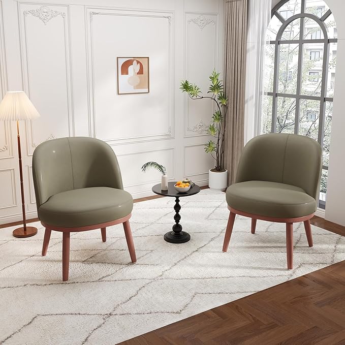 Accent Chair Mid-Century Modern Chair PU Leather Upholstered Armless Chair Set of 1, Suitable for Living Room, Bedroom, Balcony,Olive Green