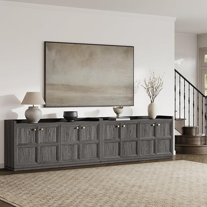 SICOTAS 4-Door Buffet Cabinet - Large Sideboard with Storage & Adjustable Shelves, Modern Credenza Accent Coffee Bar Console Table for Living Room, Kitchen, Entryway, Hallway, Dark Gray Oak, 2 PCS