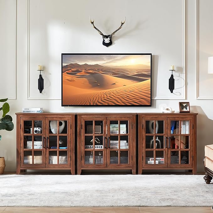 Large Sideboard Buffet Cabinet with Storage, 32" Farmhouse Kitchen Coffee Wine Bar Cabinet with 2 Glass Doors, Wood Mid Century Modern Side Board Table for Dining Room, Living Room, Brown