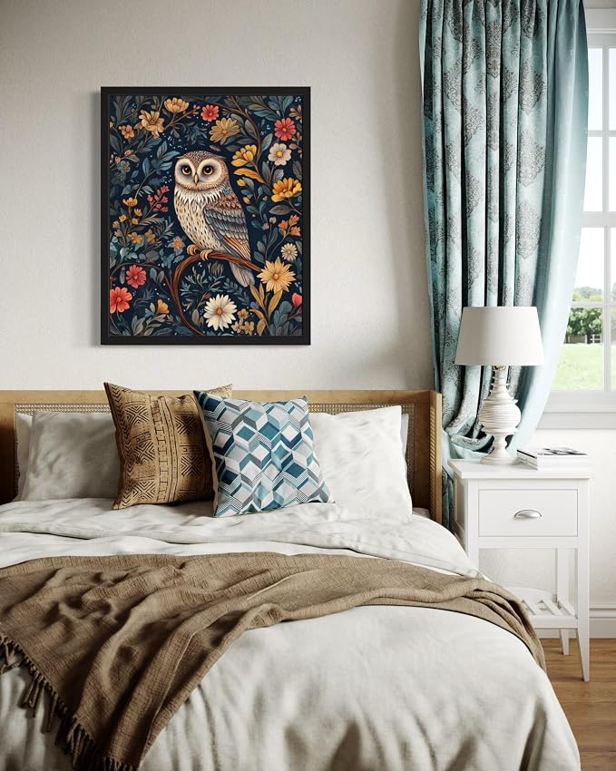 Owl Art Print Poster, William Morris Style Retro Mid Century Botanical Victorian Dark Academia Gothic Decor Gallery 10b (Owl, 11 x 14 inches, Black Frame)