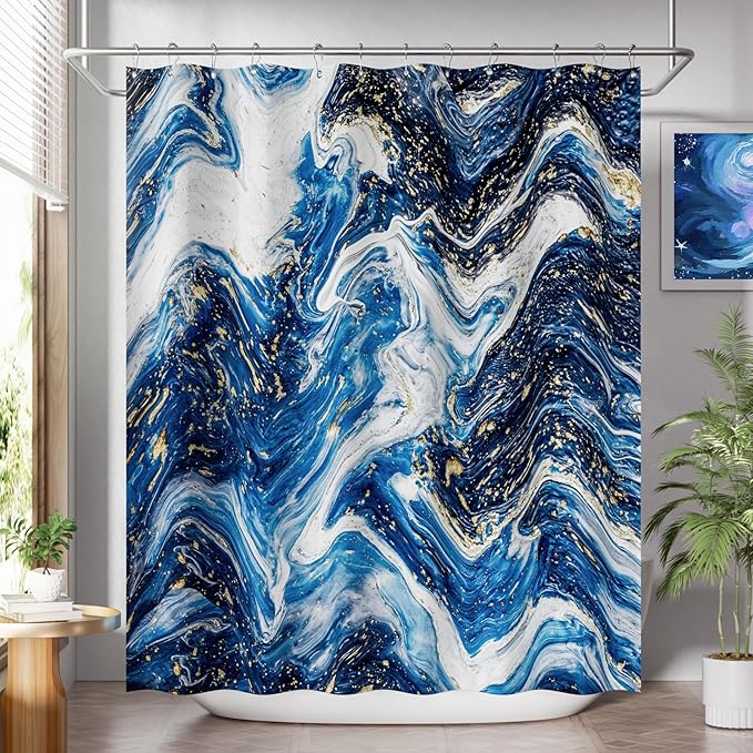 AmazerBath Shower Curtain Blue, Marble Fall Fabric Shower Curtain Sets with 12 Shower Curtain Hooks, Luxury Quality Home Hotel Washable Farmhouse Cloth Shower Curtains for Bathroom Decor, 72x72 Inches