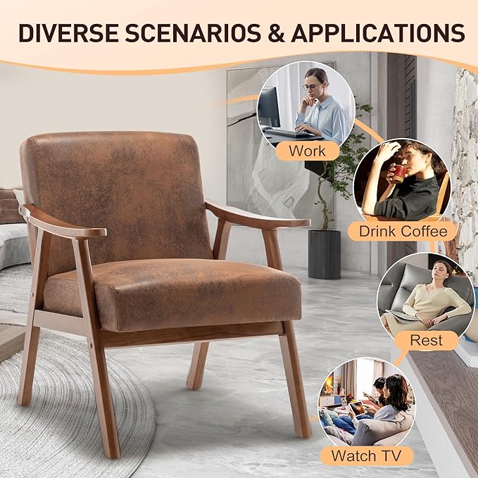 Furnimart Accent Chairs Set of 2, Mid-Century Modern Chair Reading Chairs with Extra-Thick Backrest, Wooden Armchairs for Living Room, Bedroom, Waiting Room, Brown Fabric