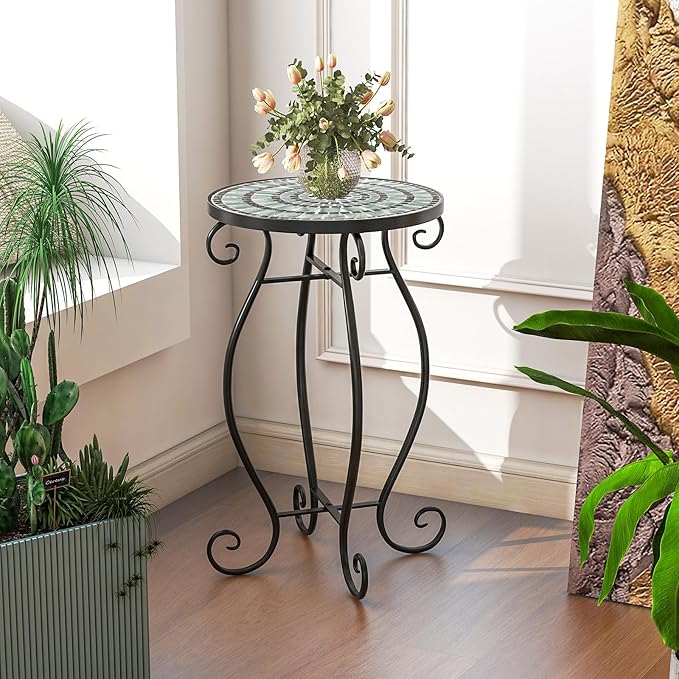 Giantex Outdoor Side Table, Mosaic Patio Table, 12 inch Accent Table Plant Stand Indoor, Ceramic Tile Top Metal Frame, Small End Table Porch Beach Patio Garden Balcony Poolside (Wave)