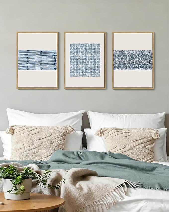 PHOPAGO Blue Abstract Framed Wall Art Modern Boho Neutral Line Wall Decor Mid Century Minimalist Geometric Artwork Kitchen 11x14in Natural Framed