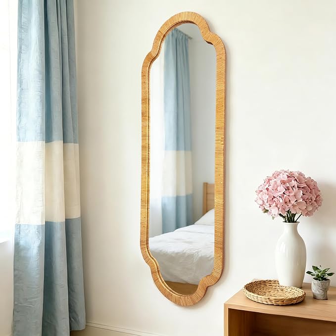 BAODANFU Full Length Rattan Mirror, Decorative Wall Mirrors of Hallway, Entryway, Long Scalloped 18 x 53 inch Dressing Mirror for Bedroom Vanity Walk-in Closet Living Dining Room