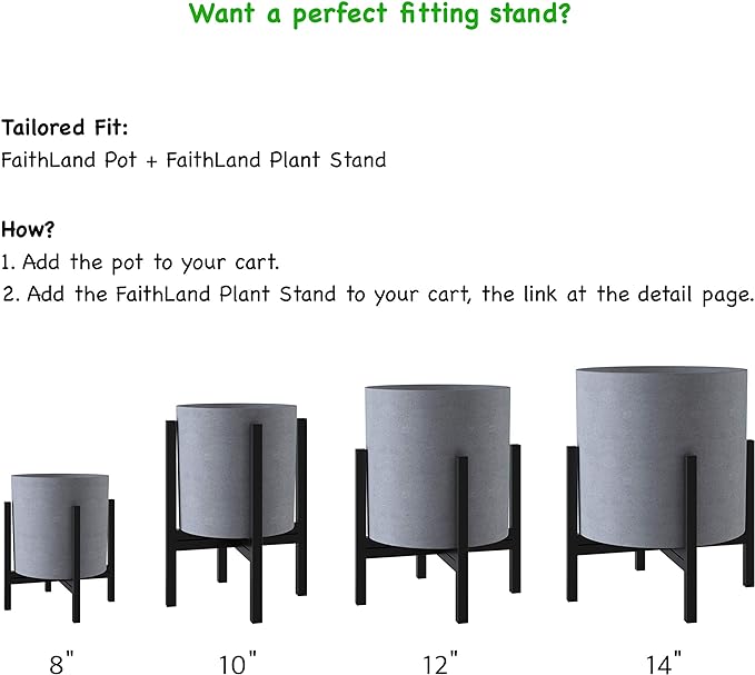 FaithLand Plant Pot 14 inch - Perfectly Fits Mid-Century Modern Plant Stand - Drainage Plug and Drainage Mesh Screen - Gray Planter Pot.