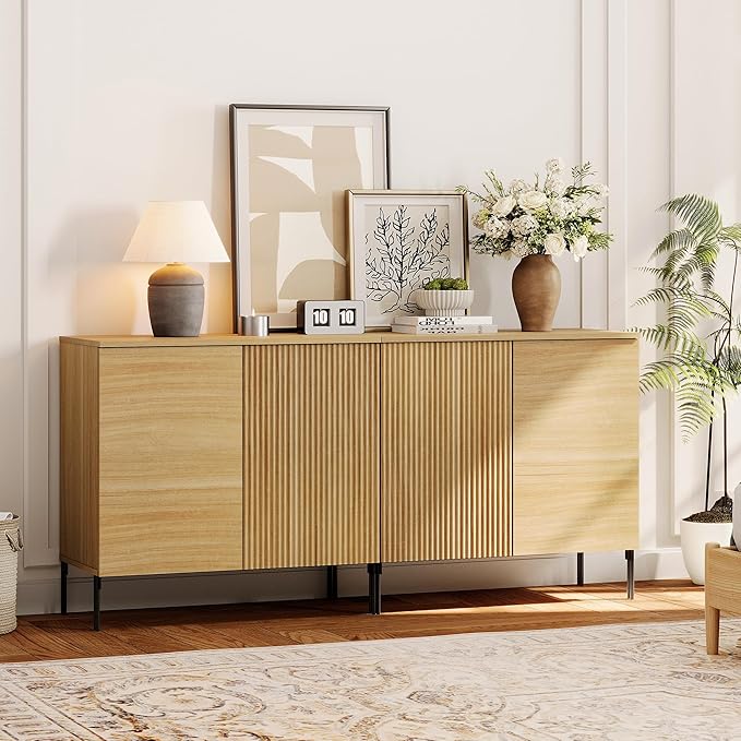 WAMPAT 63" Sideboard Buffet Cabinet with 4 Doors and Adjustable Shelves, Fluted Storage Cabinet, Modern Credenza Coffee Bar Wine Bar Table for Kitchen, Dining Room, Living Room,Oak