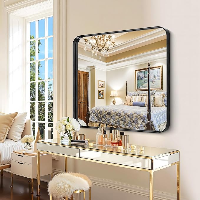 CIRCUMI Black Bathroom Mirror, 36"x36" Rectangular Mirror with Deep Metal Frame, Rounded Corner, Tempered Glass, Mirror for Wall, Oversink, Bedroom, Installed Vertically/Horizontally, Crystal-Clear