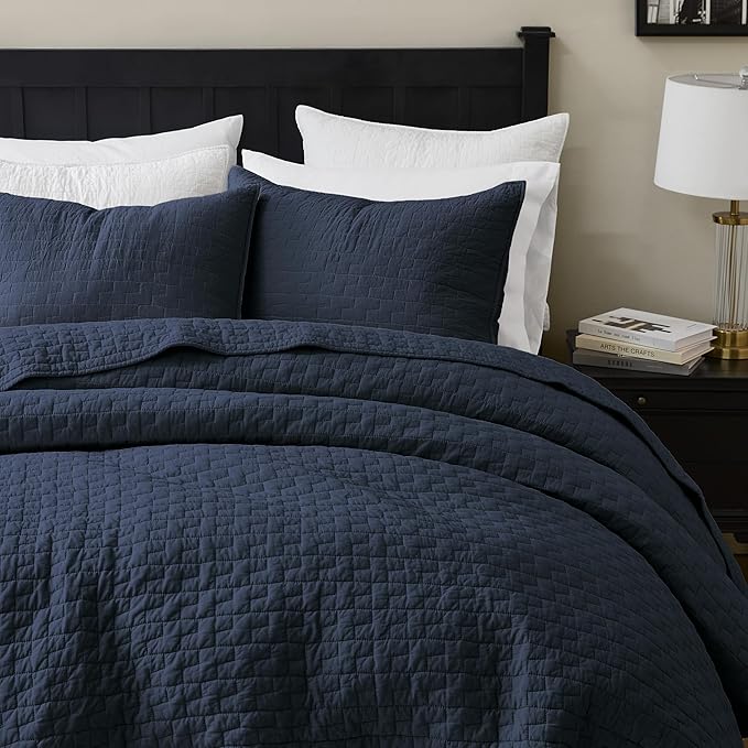 palassio Navy Blue 100% Cotton Quilt Twin Size Bedding Sets with 1 Pillow Sham, Textured Lightweight Soft Bedspread Shabby Chic Coverlet, Quilted Comforter Bed Cover for All Season, 2 Pieces