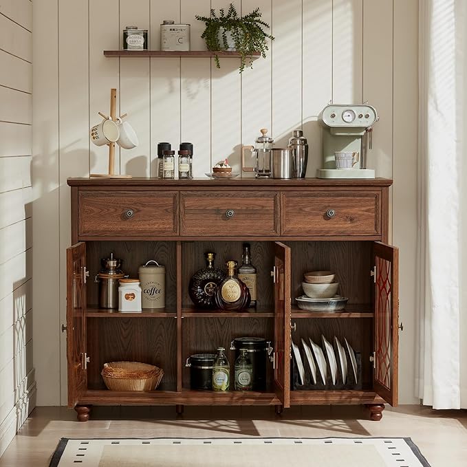 Large Sideboard Buffet Cabinet Set of 2 with Storage,48" Credenza with 3 Glass Doors & 3 Drawers,Adjustable Shelves Coffee Bar,Wood Kitchen Console Table for Dining Room,Brown