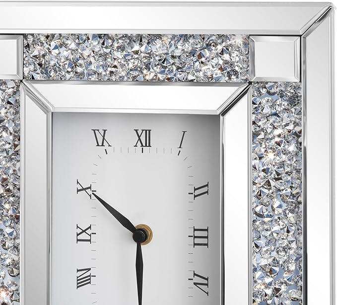 SHYFOY Mirrored Desk Clock, Decorative Table Clocks with Crushed Diamond 13.2x11.8 Luxury Rectangular Crystal Clock with Glass Beveled, Non-Ticking Silver Clocks for Living Room Office Tabletop