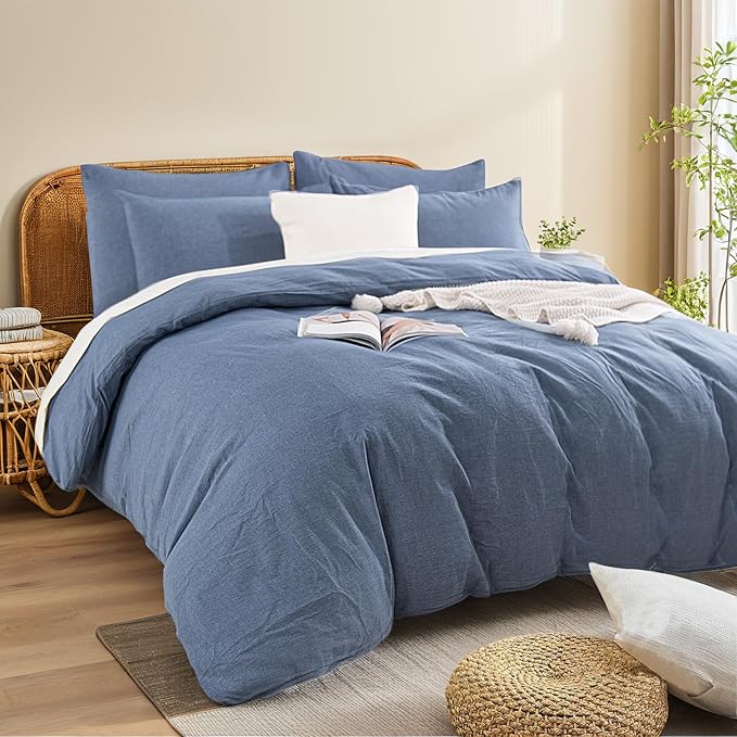 NEXHOME PRO Duvet Cover Full 100% Washed Cotton, Heathered Blue Breathable, Durable, Textured, Linen Like, Home Bedding Set 80"x90"