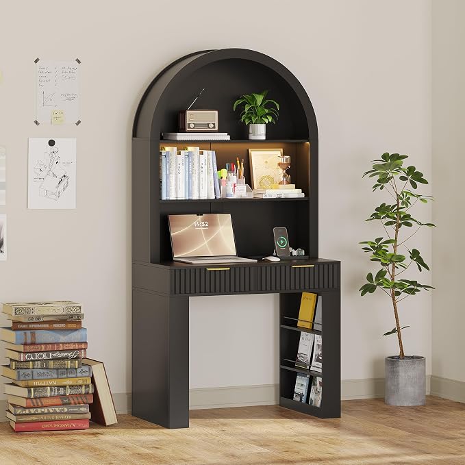 Arched Writing Desk with Hutch, Home Office Desk with 2 Drawers, Secretary Desk with Outlets, 3 Color LED Lights, Open Shelves, Computer Desk for Small Space, Bedroom 35.4" W x 70.8" H (Black)