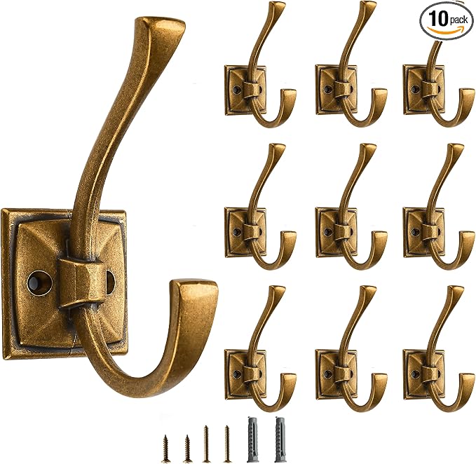 10 Pack Decorative Heavy Duty Towel Hooks for Hanging Robe Double Vintage Antique Brass Coat Hooks Wall Mounted with Screws for Key, Towel, Bags, Cup, Hat
