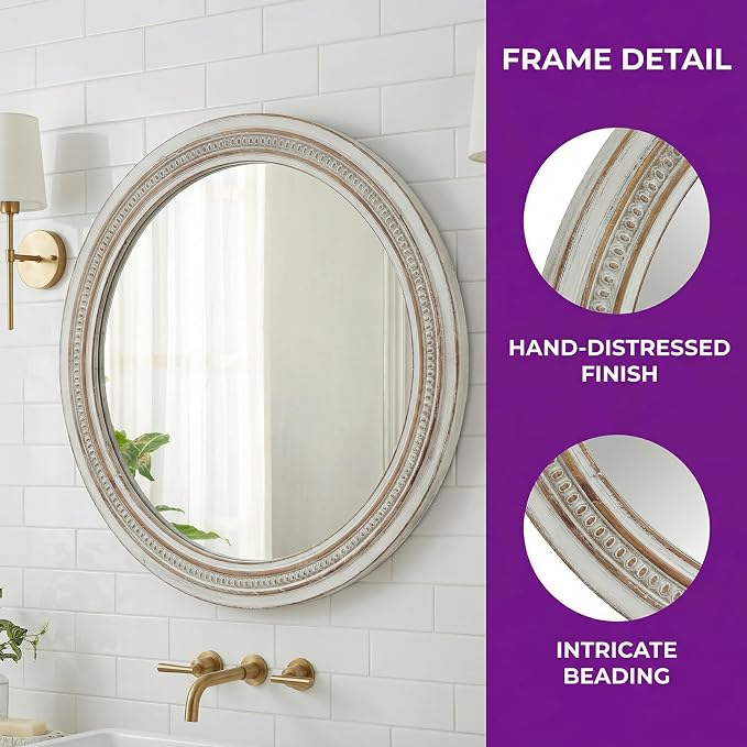 23.62'' Vintage Round Wall Mirror with Ornate Beaded Trim Frame & Pre-Installed Hanging, Decorative Mirror with Large Reflective Surface for Bathroom Bedroom Living Room, Natural