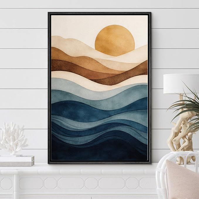Woodrose Framed Canvas Print Wall Art Abstract Layered Landscape Sun and Waves Illustrations Modern Art Minimalist 3D Colorful Ultra for Living Room, Bedroom, Office - 16"x24" BLACK