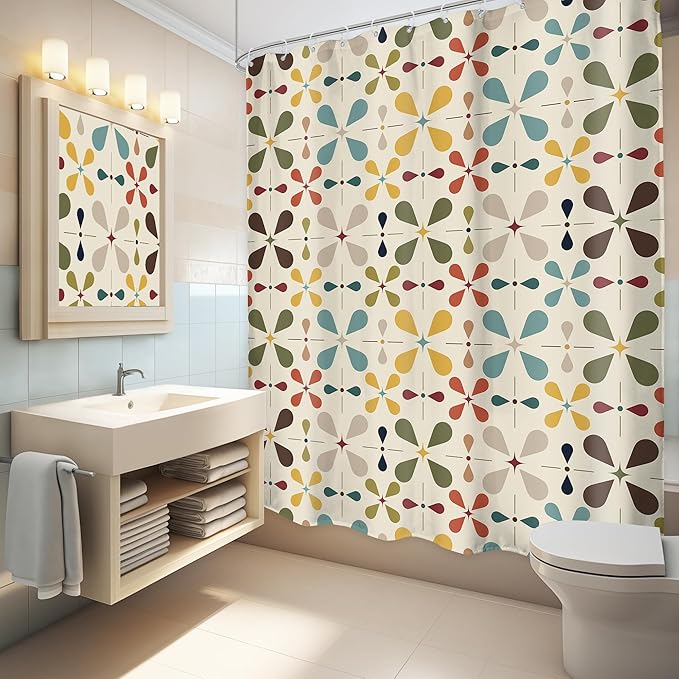 LGhtyro Boho Mid Century Shower Curtain Bathroom Set 60Wx71H Inches Modern Abstract Bohemian Geometric Colourful Retro Vintage Bath Accessories Water Drop Art Home Decor Fabric 12 Pack Hooks