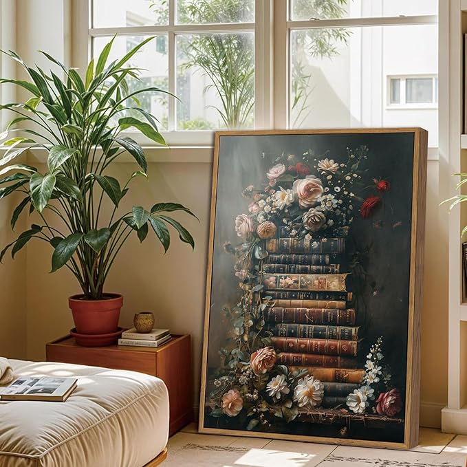 WALLZK Vintage Framed Wall Art Floral Books Canvas Prints Library Antique Literary Retro Decor Botanical Pictures Artwork for Walls Living Room Study Bedroom Bathroom 16"x24"