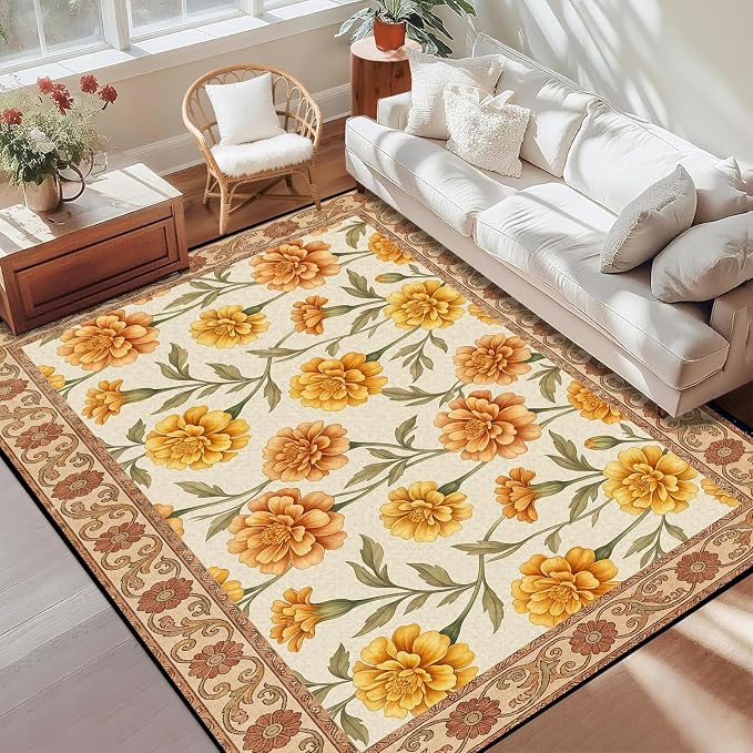 Marigold Floral Area Rug Vintage Boho Rug Bordered Non-Slip Washable Floor Mat for Entryway Bedroom Living Room Nursery Kitchen Playroom Home Decor,2'x3'