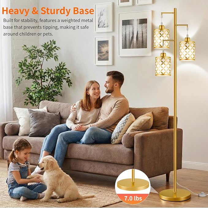 Dimmable Floor Lamp, Farmhouse Standing Lamp with Elegant Metal Cage, Industrial Tall Tree Floor Lamps for Living Room, Bedroom, Study Room, Office, 3 x 800LM LED Bulbs Included, 72", Gold
