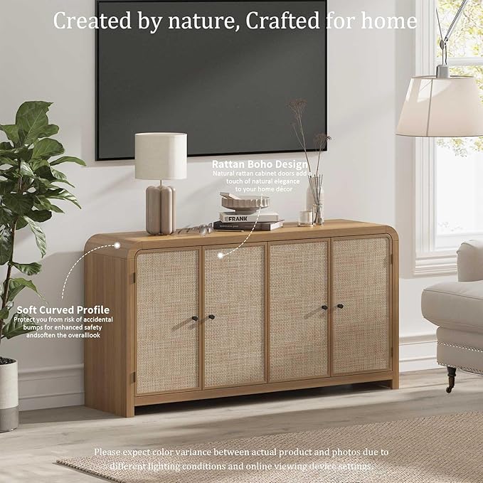 Oak&Sparrow Oak Sideboard Buffet Cabinet with Storage, 60'' Boho Buffets & Sideboards with Adjustable Shelves, Rattan Sideboard Cabinet with 4 Doors for Living Room, Hallway & Kitchen