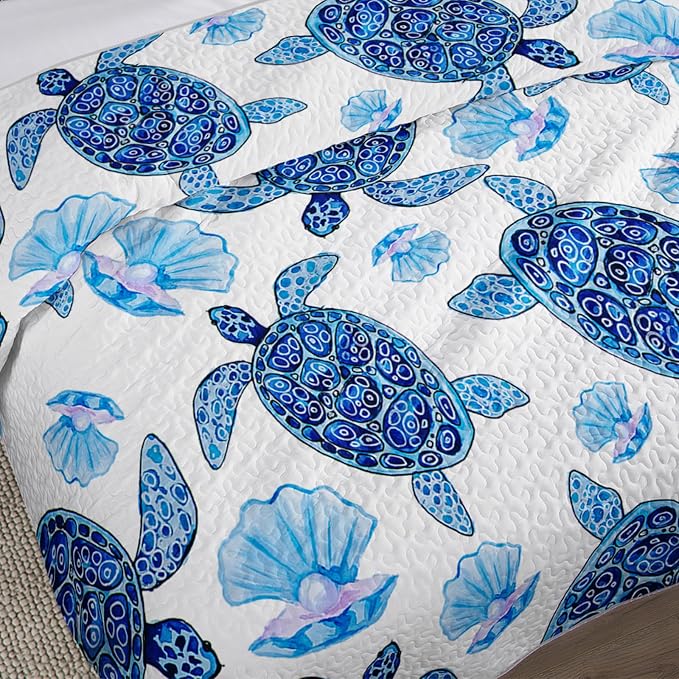 AILONEN Watercolor Sea Turtle Quilt Set Full Size,Beautiful Pearl Shells Bedspread Coverlet - Soft Lightweight 3Pcs - Sea Creatures Print Quilt,2 Pillowcases