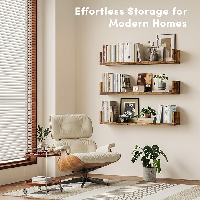 Wall Bookshelf, Set of 3, U Shaped Floating Bookshelf, Hanging Bookshelves for Wall, Wall Mounted Shelves for Living Room Bedroom Office (Rustic Brown, 23.6 Inches, 3)