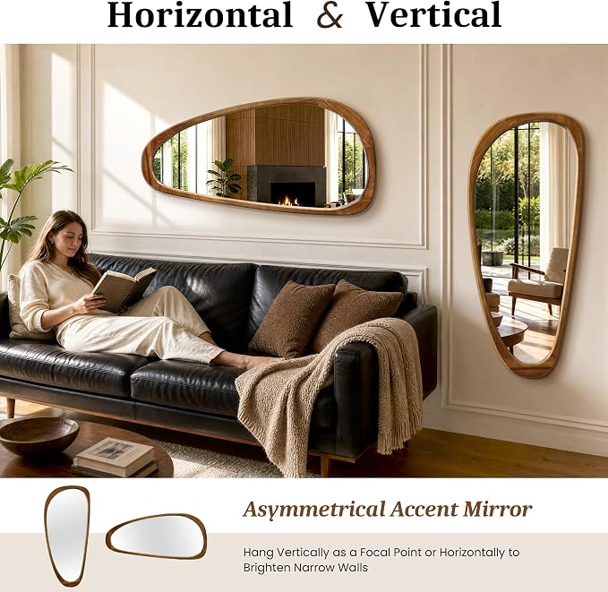 Asymmetrical Mirror, 48"x22" Irregular Mirror Full Length, Wood Wall Mirror for Bathroom Bedroom Living Room Entryway Hallway, Mid Century Modern Decor (Natural Wood)