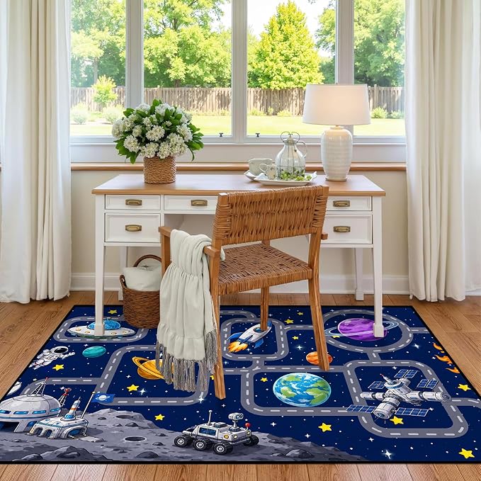 Outer Space Rug Astronaut Road Map Area Rug for Bedroom Living Room Nursery Kitchen Playroom Home Decor Washable Educational Floor Mat Galaxy Themed Carpet,5'x7'