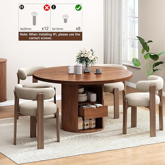 47 inch Round Dining Table for 4, Circle Kitchen Table with 2-Layer Storage Shelf and a Drawer, Modern Farmhouse Dinner Tables with Sliding Door and Wood Strip Base for Kitchen, Living Room (Walnut)