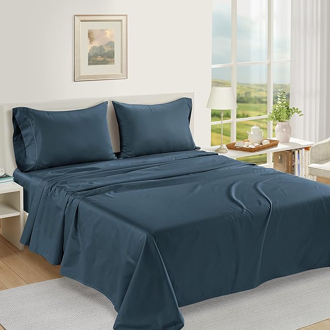 LANE LINEN 100% Egyptian Cotton Full Size Sheets, Soft & Comfy Sateen Weave No Pill Mercerized Cotton Cooling Sheets Full Size, Fully Elasticized Reinforced Seam Full Bedding Set – Dark Denim