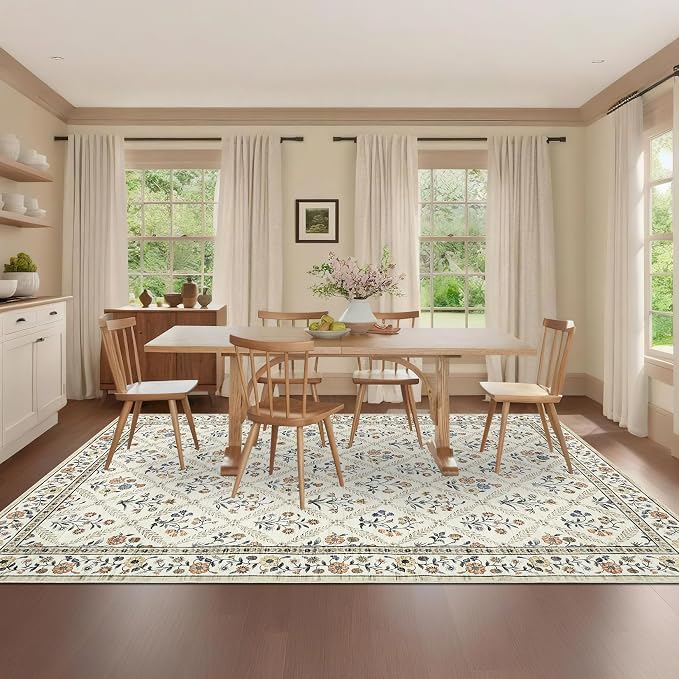GarveeHome 6x9 Machine Washable Area Rugs for Living Room Floral Stain Resistant Soft Carpet Vintage Low Pile Non Slip Non-Shedding Floor Carpet Rugs for Bedroom Nursery Beige