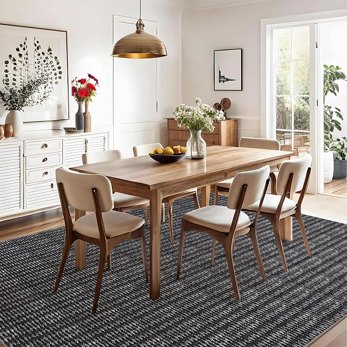9x12 Area Rug Washable Modern Braided Rug for Living Room Low Pile Soft Bedroom Rugs Non Slip Modern Indoor Large Carpet Thin Foldable Distressed Woven Print Carpet for Nursery Dining Playroom, Black