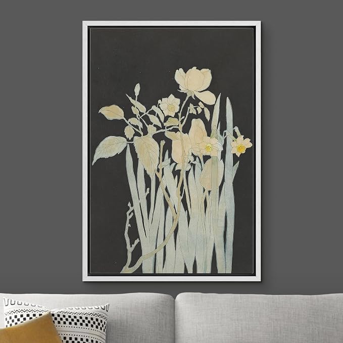 Woodrose Framed Canvas Print Wall Art Minimalist Floral Silhouettes Elegant Botanical Line Illustrations Modern Art Minimalist 3D Colorful Ultra for Living Room, Bedroom, Office - 24"x36" WHITE