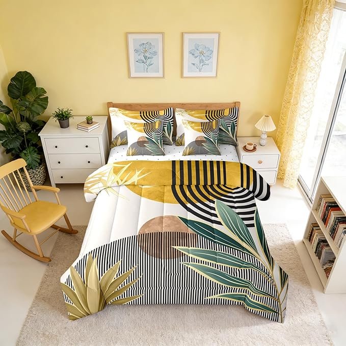 Erosebridal Mid Century Comforter Set Full Size Contemporary Bohemian 7 Pcs Bedding Sets,Modern Abstract Stripes Bed in a Bag Geometric Retro Minimalism Quilt with Flat Fitted Sheet,Yellow