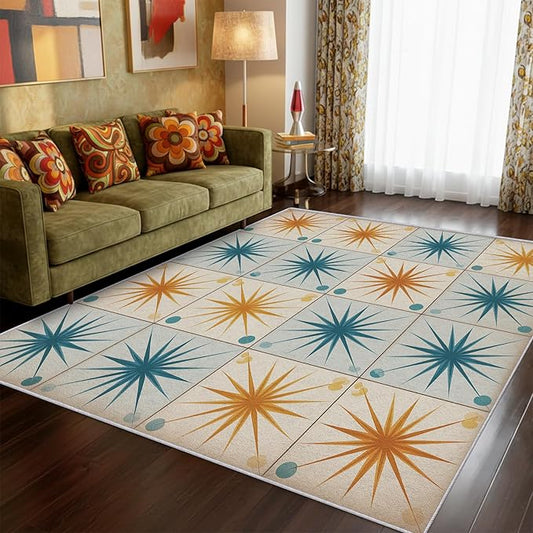 Starburst Rug 4x6 Mid Century Atomic Checkboard Distressed Pattern Area Rugs for Living Room, Bedroom, Starburst Home Decor Accessories Indoor Carpet, Non Slip & Machine Washable