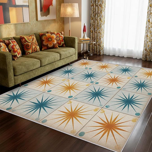 Starburst Rug 5x8 Mid Century Atomic Checkboard Distressed Pattern Area Rugs for Living Room, Bedroom, Starburst Home Decor Accessories Indoor Carpet, Non Slip & Machine Washable
