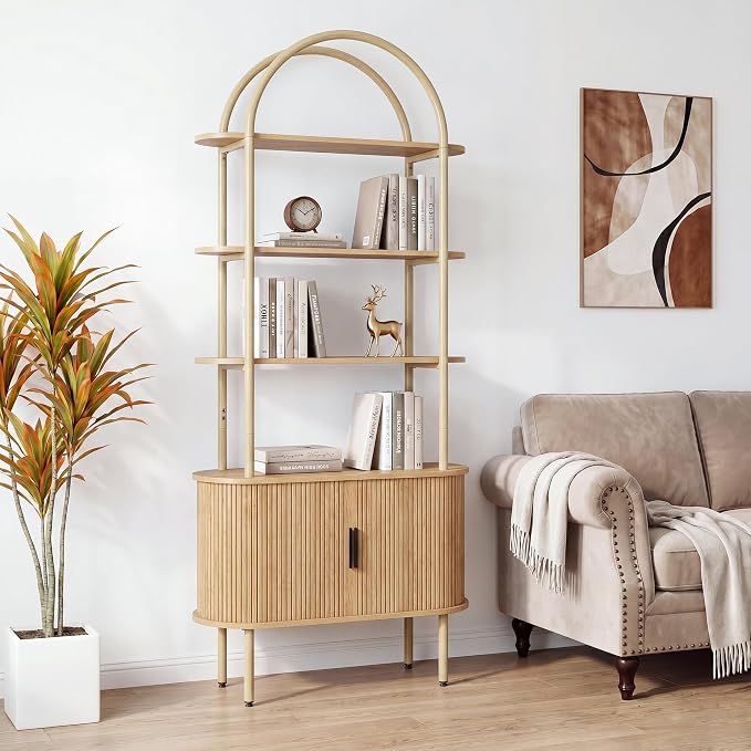 71" Tall Fluted Arched Bookshelf with Sliding Tambour Doors, Mid Century Modern Metal Curved Bookshelf Cabinet with Storage, 4-Tier Open Display Storage Shelf for Home Office, Living Room (Natural)