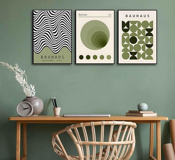 WSTUKVV 3Pcs Bauhaus Mid Century Modern Wall Art Bauhaus 1923 Posters Pictures Green Boho Abstract Geometric Canvas Prints Black Line Paintings for Living Room Bedroom Dining Room Wall Decor Unframed