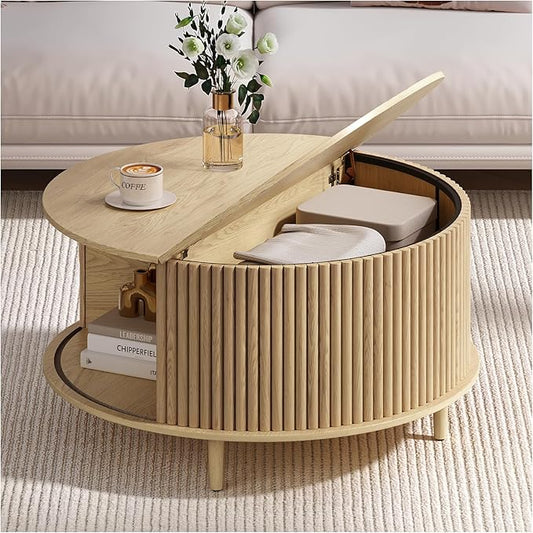 Round Coffee Table with Storage, 31.5" Natural Oak Fluted Center Table with Sliding Door, Modern Circle Drum Table for Living Room, Scandi Wood Furniture for Small Spaces