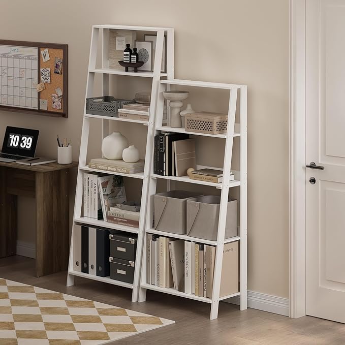 Furinno Ladder Book Shelf, 6-Tier Ladder Shelf, Open Design Bookshelf, Display Storage Bookcase, 14.8" x 23.6" x 66.2", Living Room, Home Office, White