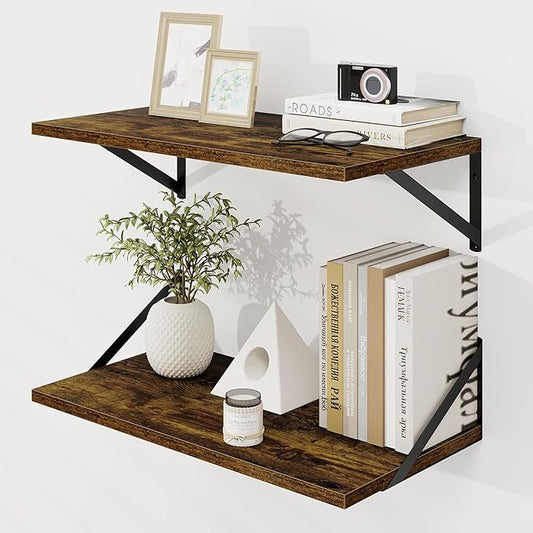 Dreamland Deep Floating Shelves for Wall, Brown Wood Wall Mounted Shelves, Large Floating Shelf 12 * 24 inchSet of 2 for Bookshelf Living Room Bedroom Home Office Bathroom