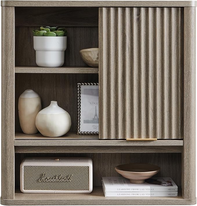 RedLemon Bathroom Wall Cabinet with Fluted Sliding Door, Modern Medicine Cabinet with Adjustable Shelf, Curved Profile Wall Mounted Storage Organizer, Grey Alder