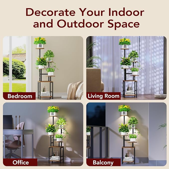 Homsorout Round Plant Stand Indoor with Grow Light, 5-Tiered Tall Plant Stand Indoor, Metal Plant Shelf with Adjustable Light, Ideal for Living Room, Garden, Patio (Black Brown)