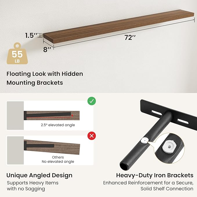 Fun Memories Rustic Wood Floating Shelves for Wall, Space-Saving Wall Mounted Shelves for Bathroom, Bedroom, Living Room and Kitchen, Stylish Storage & Display (Set of 2, Walnut, 72 in)