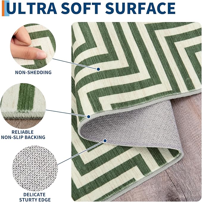 6x9 Washable Area Rugs for Living Room Modern Geometric Rug Non Slip Abstract Lines Soft Bedroom Carpet Low Pile Floor Mats for Bedroom Dining Home Office, Green