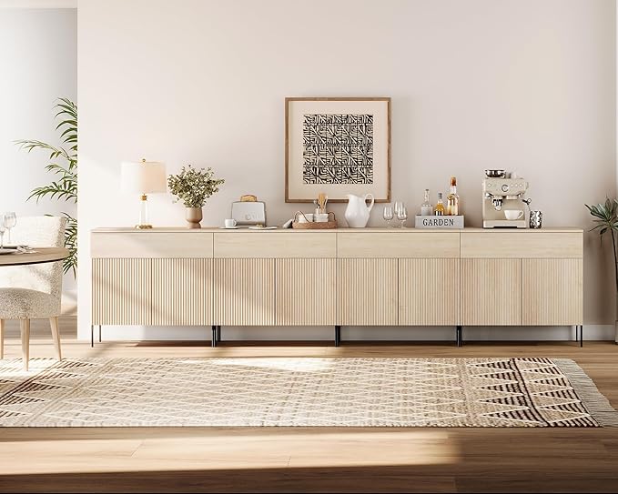 WAMPAT 126" W Large Sideboard Buffet Cabinet with Storage,4 in 1 Fluted Sideboard Buffet with 8 Doors, Wooden Buffet Table, Coffee Bar Wine Bar Cabinet for Kitchen, Dining Room, Living Room, Beige