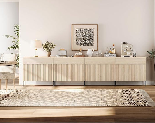 WAMPAT 126" W Large Sideboard Buffet Cabinet with Storage,4 in 1 Fluted Sideboard Buffet with 8 Doors, Wooden Buffet Table, Coffee Bar Wine Bar Cabinet for Kitchen, Dining Room, Living Room, Beige