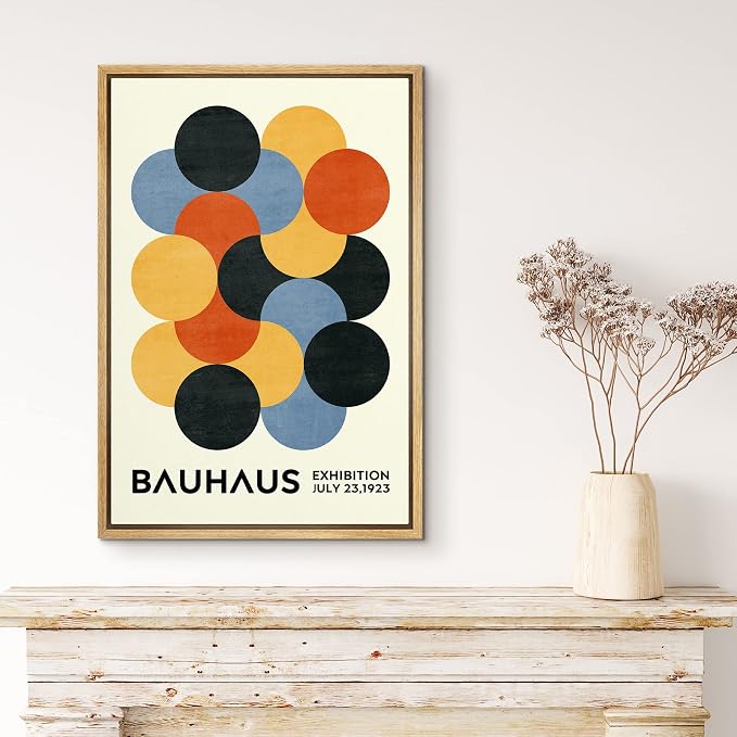 MUDECOR Framed Canvas Print Wall Art Geometric Colorful Circle Bauhaus Polygon Abstract Shapes Illustrations Fine Art Mid-Century Modern Multicolor for Living Room, Bedroom, Office - 24"x36" Natural